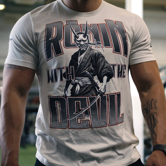 WHITE PREMIUM RŌNIN WITH THE DEVIL FRONT PRINT TSHIRT