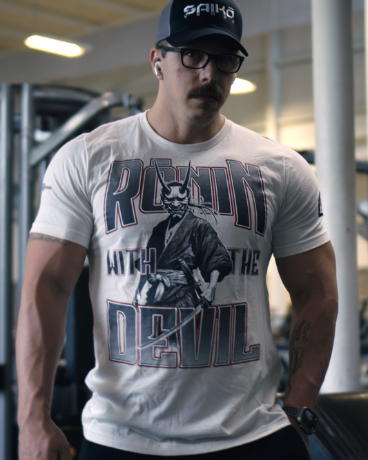 WHITE PREMIUM RŌNIN WITH THE DEVIL FRONT PRINT TSHIRT